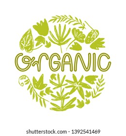 Organic. Logo. Vector round illustration with hand drawn textured prehistoric plants. Naive kid drawn style. Tropical herbs.