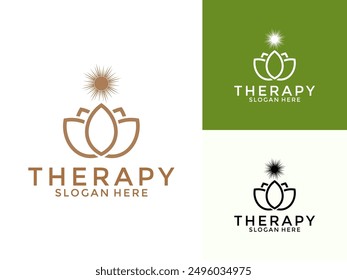 Organic Lotus Flower with Sun Logo Design, Spa therapy logo vector template