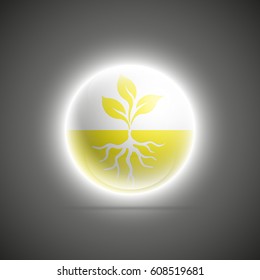 organic luminous sphere, Young plant shoots with roots button icon for ecological topics. Natural logo. Organic vector badge