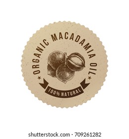 Organic macadamia oil emblem with hand drawn nuts in eco friendly style. Vector illustration