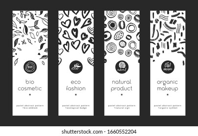 Organic makeup banners set. Cream label design. Natural cosmetics for vertical banner. Eco friendly badges. Abstract herbs pattern. Flyer template of beauty products. Bio cosmetic tag backgrounds.