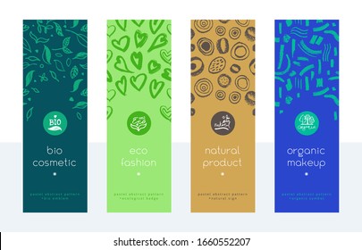 Pancartas de maquillaje orgánico puestas. Diseño de etiquetas de crema. Cosméticos naturales para banner vertical. Insignias ecológicas. Patrón de hierbas abstractas. Plantilla de volante de productos de belleza. Fondos de etiquetas cosméticas biográficas.