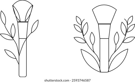 Organic makeup brush with leaves vector icon. Natural beauty, cosmetic design, organic products. Vector illustration