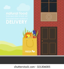 Organic market concept. Vector illustration of a store with a basket of organic vegetables and fruits. Delivery of natural products from the garden straight to the shop.