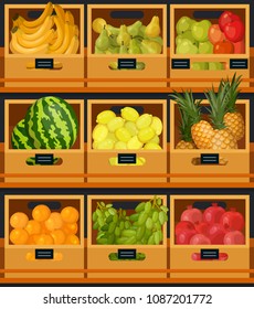 Organic market counter or showcase at natural food shop. Wooden boxes with orange and apple, watermelon and lemon, pomegranate or garnet, grape. Vegetarian nutrition, harvest, agriculture