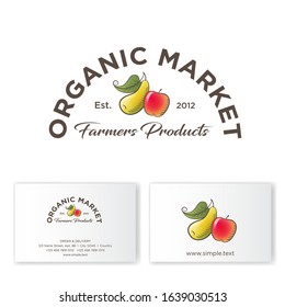 Organic Market logo. Healthy food sign. Apple and pear with leaf emblem. Delivery, business card.