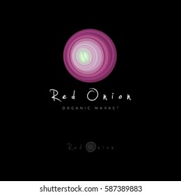 Organic Market logo. Vegetarian restaurant emblem. Red onion and letters on a dark background.