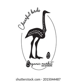 Organic market Premade Logo Design. Eco products. Ostrich birds . Black and white colors. Isolated background. Hand-drawn Stamp silhouette. Farmhouse decor. Farmers market brand. Vector illustrations