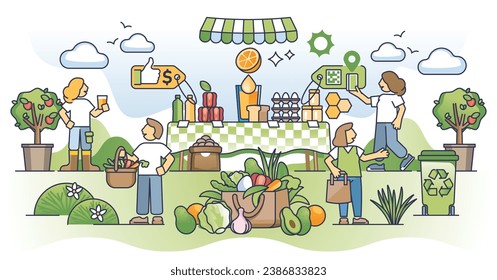 El concepto de esquema del mercado de productos alimenticios para agricultores locales y mercados de productos ecológicos. Comprar comestibles en granjas sustentables y ambientales ilustrando vectores. Las verduras crudas naturales están en el bazar verde.