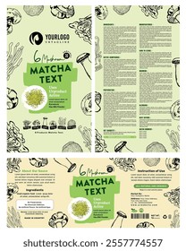 Organic matcha product label featuring a custom mushroom design, with a green Eco-friendly packaging theme.