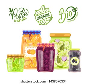 Organic meal, jars marmalade and canned food, orange slices and pea, olives and pickled cucumbers with onions, preserved vegetables in pot. Tinned food, conservation fruits. Tin container conserve