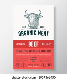 Organic Meat Abstract Vector Packaging Design or Label Template. Farm Grown Beef Steaks Banner. Modern Typography and Hand Drawn Cow Head Silhouette Background Layout with Soft Shadow.