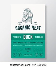 Organic Meat Abstract Vector Packaging Design or Label Template. Farm Grown Poultry Banner. Modern Typography and Hand Drawn Duck Head Silhouette Background Layout with Soft Shadow.