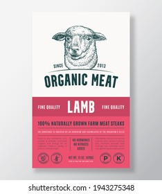 Organic Meat Abstract Vector Packaging Design or Label Template. Farm Grown Steaks Banner. Modern Typography and Hand Drawn Sheep or Lamb Head Silhouette Background Layout with Soft Shadow.