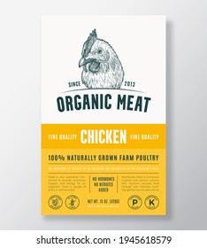 Organic Meat Abstract Vector Packaging Design or Label Template. Farm Grown Poultry Banner. Modern Typography and Hand Drawn Chicken Head Silhouette Background Layout with Soft Shadow.