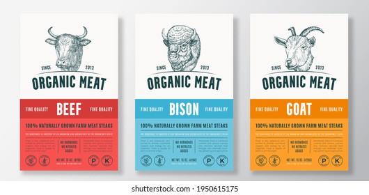 Organic Meat Abstract Vector Packaging Design or Label Templates Set. Farm Grown Steaks Banner. Modern Typography and Hand Drawn Cow, Bison and Goat Head Silhouettes Backgrounds Layout Collection.