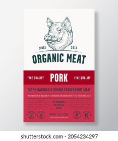 Organic Meat Abstract Vector Packaging Design or Label Template. Farm Grown Pork Steaks Banner. Modern Typography and Hand Drawn Pig Head Silhouette Background Layout with Soft Shadow.