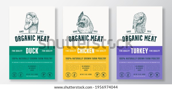 Organic Meat Abstract Vector Packaging Design\
or Label Templates Set. Farm Grown Poultry Banners. Modern\
Typography and Hand Drawn Chicken, Duck and Turkey Head Sketch\
Backgrounds Layout\
Collection.