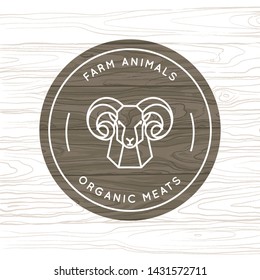Organic meat or farming animal - vector logo made in a linear style. A ram drawn in a linear style for a farm logo on a background of vector wood texture.