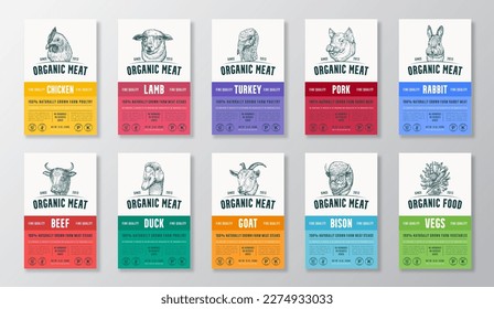 Organic Meat, Poultry, Vegetables Vector Packaging Design or Label Templates Set. Farm Grown Food Products Banners Hand Drawn Domestic Animals Portraits Backgrounds Layout Collection