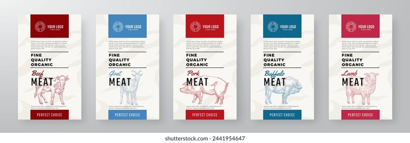 Organic Meat Vector Packaging Design Textured Label Templates Set. Beef, Pork, Lamb Food Product Banners. Hand Drawn Domestic Animals Backgrounds Layout Collection. Isolated