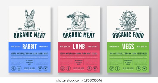 Organic Meat and Vegetables Vector Packaging Design or Label Templates Set. Farm Grown Products Banner. Hand Drawn Herbs, Sheep and Rabbit Head Sketches Backgrounds Layout Collection.