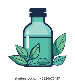 Organic medicine bottle with fresh herbal leaves over white