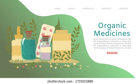 Organic medicine, pills, herbs and plants, bottles of natural homeopathy products web shop flat vector illustration. Natural bio herbal treatment and alternative organic medicine landing page.