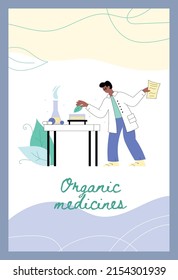 Organic Medicines And Homeopathy Treatment Banner Or Poster Layout, Flat Cartoon Vector Illustration. Banner With Homeopathic Doctor Character Preparing Medications.