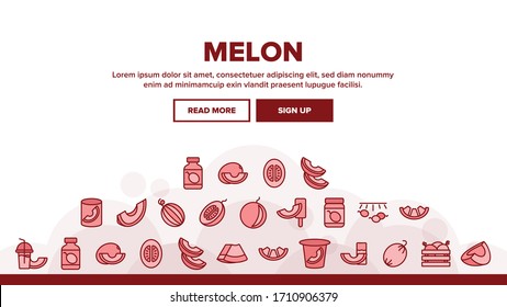 Vector de plantilla de encabezado de página web de aterrizaje de frutas de melón orgánico. Cortado Y Contenedor Con Melón, Bebida De Zumo Fresca Y Helado, Ilustraciones De Yogur Y Mermelada