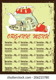 Organic menu. Design for menu with a kettle, apples, town, clouds and text on vintage background.