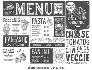 Organic menu for restaurant and cafe. Design template with food hand-drawn graphic illustrations.