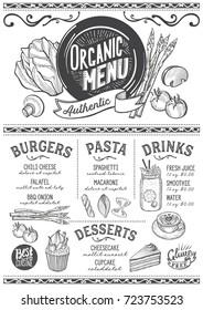 Organic menu for restaurant and cafe. Design template with food hand-drawn graphic illustrations.