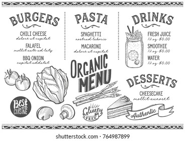 Organic menu for restaurant and cafe. Design template with food hand-drawn graphic illustrations.