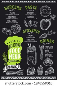 Organic menu template for vegetarian restaurant on a blackboard background vector illustration brochure for gourmet food and drink cafe. Design layout with lettering and doodle hand-drawn graphic.
