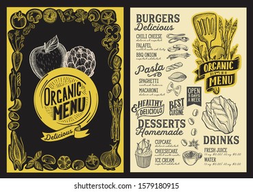 Organic menu template for vegetarian restaurant on a blackboard background vector illustration brochure for food and drink cafe. Design layout with vintage lettering and hand-drawn graphic icons.