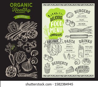 Organic menu template for vegetarian restaurant on a blackboard background vector illustration brochure for food and drink cafe. Design layout with vintage lettering and hand-drawn graphic icons.