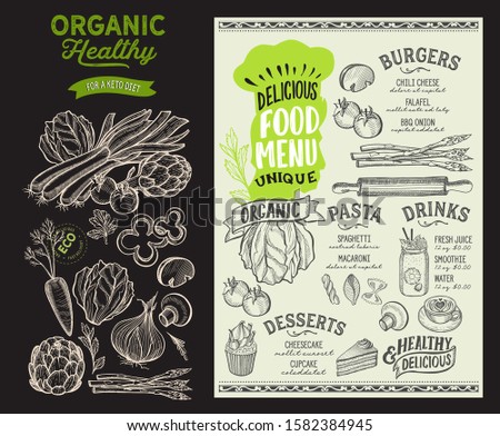 Organic menu template for vegetarian restaurant on a blackboard background vector illustration brochure for food and drink cafe. Design layout with vintage lettering and hand-drawn graphic icons.
