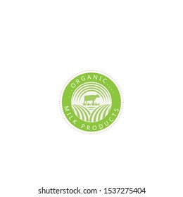 Organic milk badge in round layout with a cow design in the middle of the stamp layout.