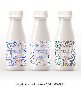 Organic milk bottle with abstract pattern on the label isolated on white background : Vector Illustration