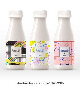Organic milk bottle with abstract pattern on the label isolated on white background : Vector Illustration