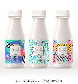 Organic milk bottle with abstract pattern on the label isolated on white background : Vector Illustration