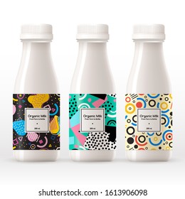 Organic milk bottle with abstract pattern on the label isolated on white background : Vector Illustration