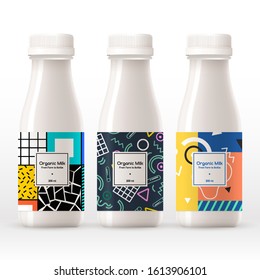 Organic milk bottle with abstract pattern on the label isolated on white background : Vector Illustration