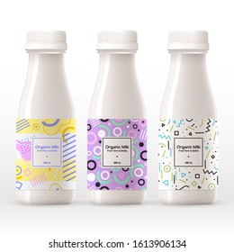 Organic milk bottle with abstract pattern on the label isolated on white background : Vector Illustration