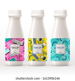 Organic milk bottle with abstract pattern on the label isolated on white background : Vector Illustration