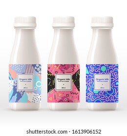 Organic milk bottle with abstract pattern on the label isolated on white background : Vector Illustration