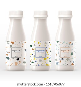 Organic milk bottle with terrazzo pattern on the label isolated on white background : Vector Illustration