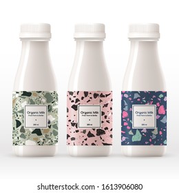 Organic milk bottle with terrazzo pattern on the label isolated on white background : Vector Illustration