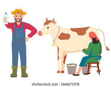 Organic milk in bottle vector, farmer showing fresh liquid in bottle, milkmaid woman and man working with cow, farming and getting ecological food
